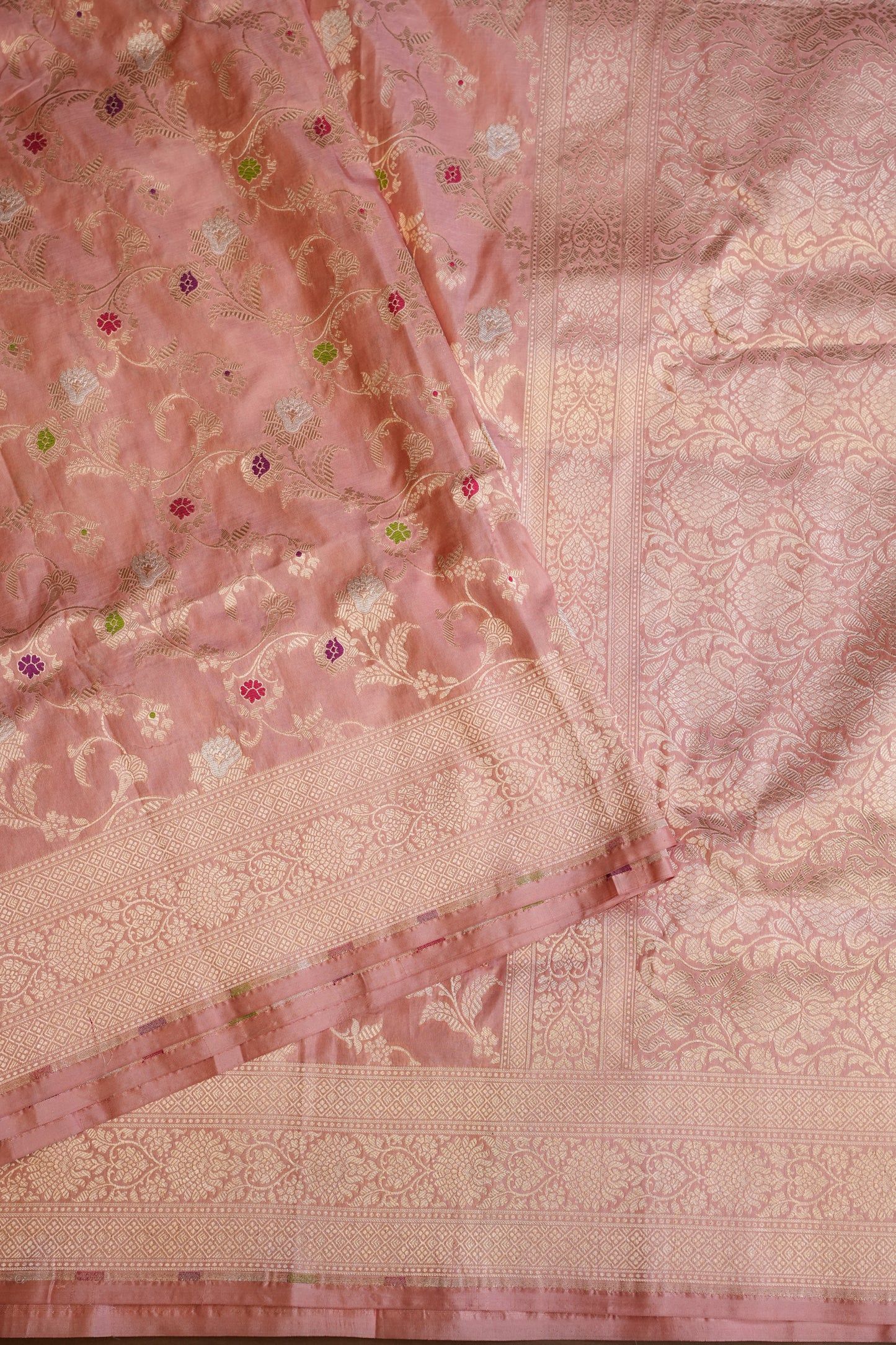 Pure Handloom Silk Katan Banaras Saree-Pinkish Peach|Silk Mark Certified