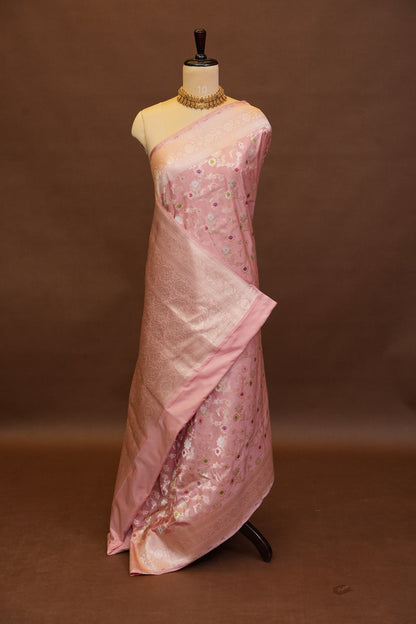 Pure Handloom Silk Katan Banaras Saree-Pinkish Peach|Silk Mark Certified