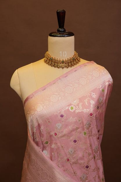 Pure Handloom Silk Katan Banaras Saree-Pinkish Peach|Silk Mark Certified