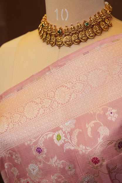 Pure Handloom Silk Katan Banaras Saree-Pinkish Peach|Silk Mark Certified