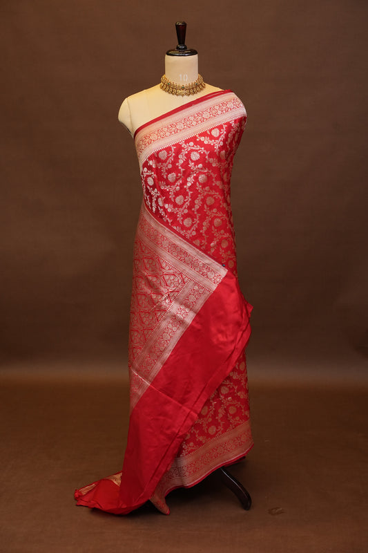 Pure Handloom Silk Katan Banaras Saree-Red|Silk Mark Certified
