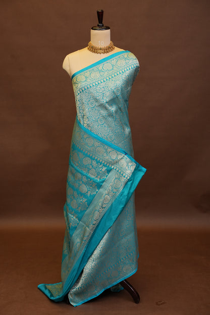 Pure Handloom Silk Katan Banaras Saree-Blue|Silk Mark Certified