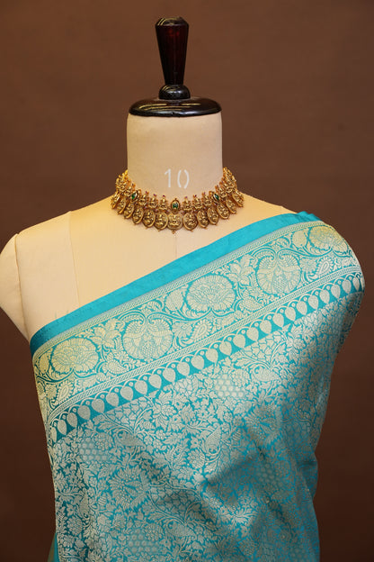 Pure Handloom Silk Katan Banaras Saree-Blue|Silk Mark Certified