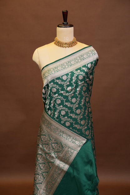 Pure Handloom Silk Katan Banaras Saree-Emerald Green|Silk Mark Certified