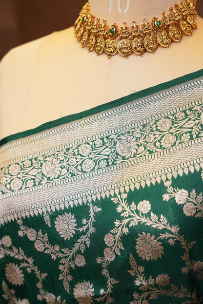Pure Handloom Silk Katan Banaras Saree-Emerald Green|Silk Mark Certified