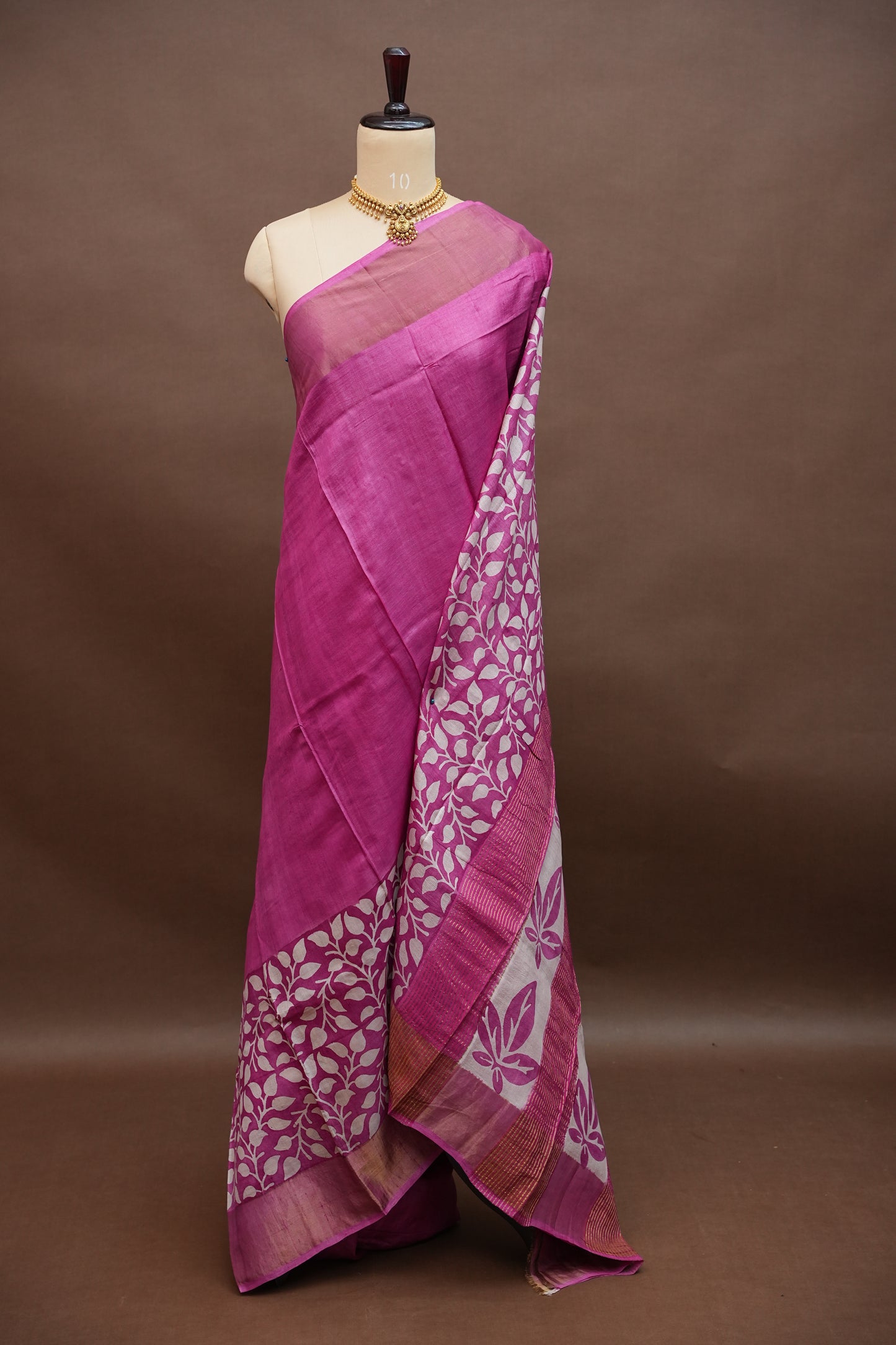 Silk Mark Certified Pure Tussar Silk Saree – Magenta Pink with Silver Leaf Vine Motifs