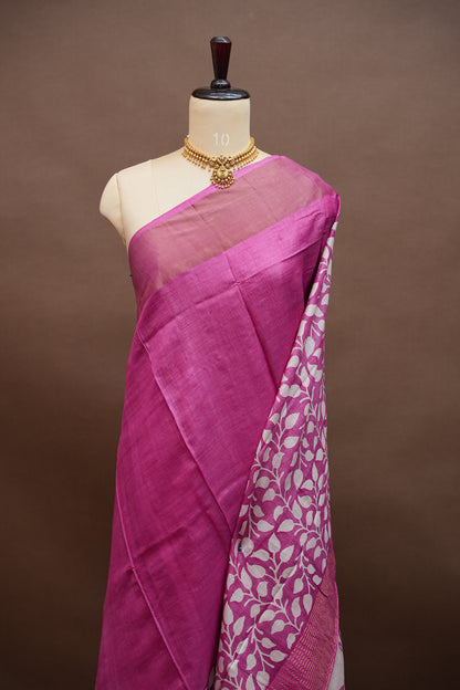 Silk Mark Certified Pure Tussar Silk Saree – Magenta Pink with Silver Leaf Vine Motifs