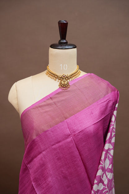 Silk Mark Certified Pure Tussar Silk Saree – Magenta Pink with Silver Leaf Vine Motifs