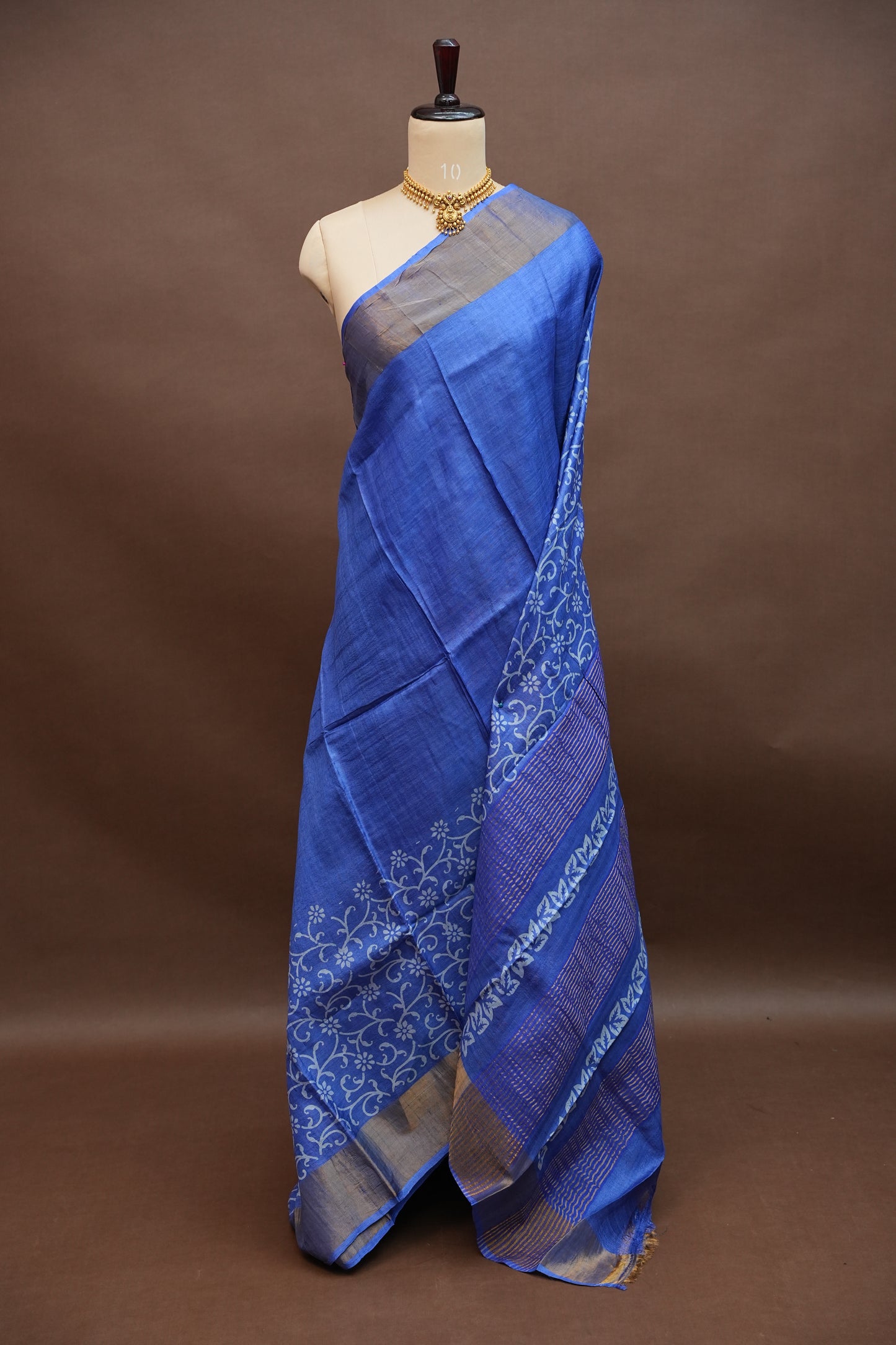 Silk Mark Certified Pure Tussar Silk Saree – Royal Blue with Floral Vine Motifs