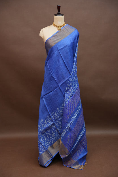 Silk Mark Certified Pure Tussar Silk Saree – Royal Blue with Floral Vine Motifs