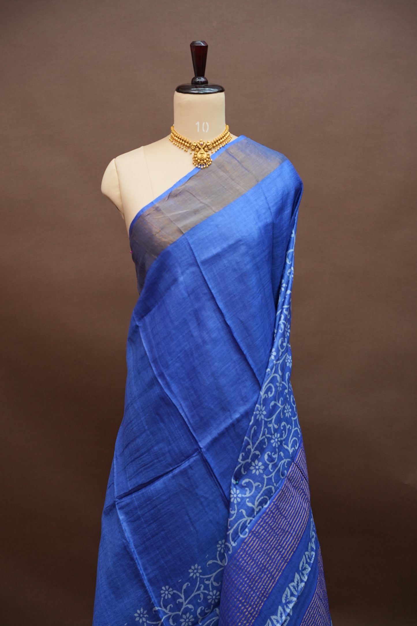 Silk Mark Certified Pure Tussar Silk Saree – Royal Blue with Floral Vine Motifs