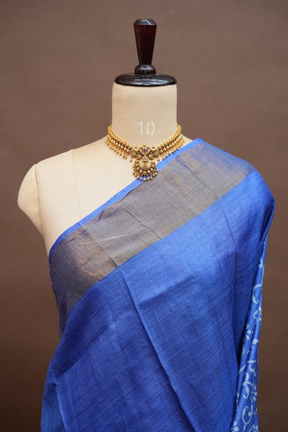 Silk Mark Certified Pure Tussar Silk Saree – Royal Blue with Floral Vine Motifs