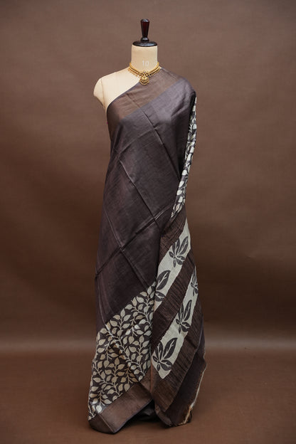Silk Mark Certified Pure Tussar Silk Saree – Charcoal Grey with Silver Leaf Vine Motifs