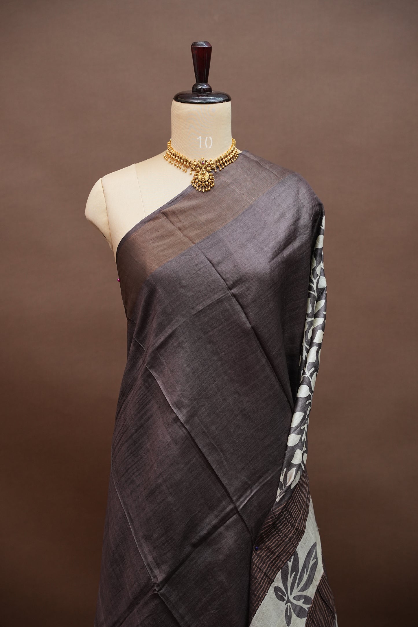 Silk Mark Certified Pure Tussar Silk Saree – Charcoal Grey with Silver Leaf Vine Motifs