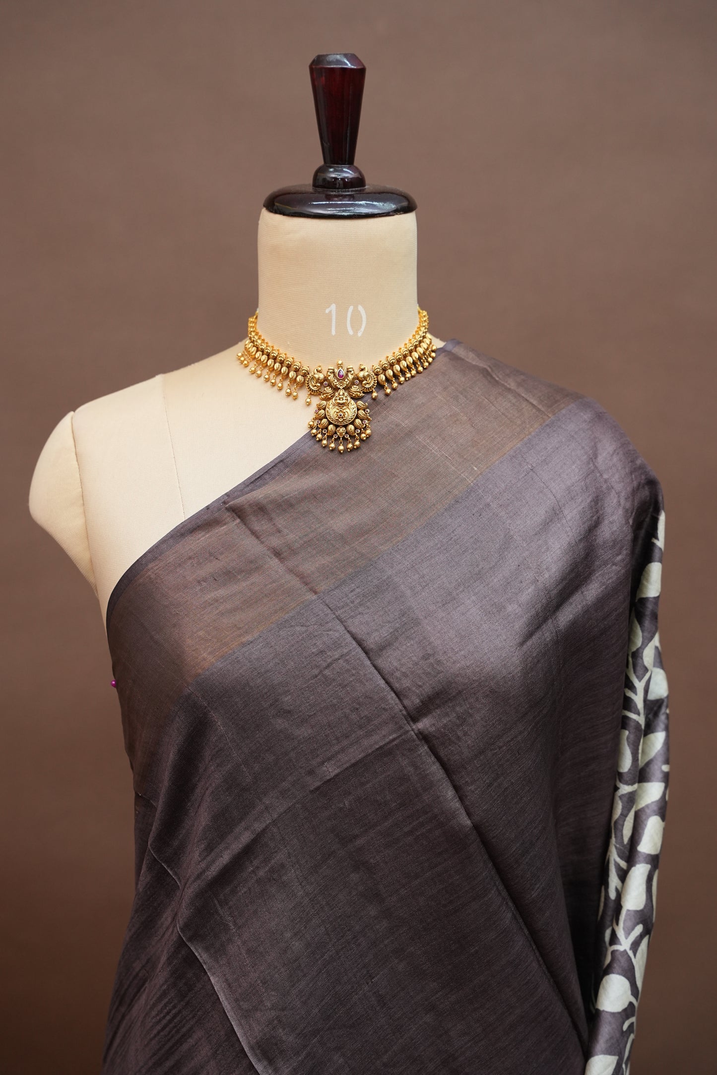 Silk Mark Certified Pure Tussar Silk Saree – Charcoal Grey with Silver Leaf Vine Motifs