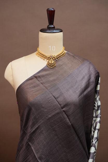 Silk Mark Certified Pure Tussar Silk Saree – Charcoal Grey with Silver Leaf Vine Motifs