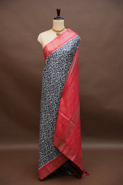 Silk Mark Certified Pure Tussar Silk Saree – Midnight Blue with Paisley Floral Motifs and Ruby Red Pallu
