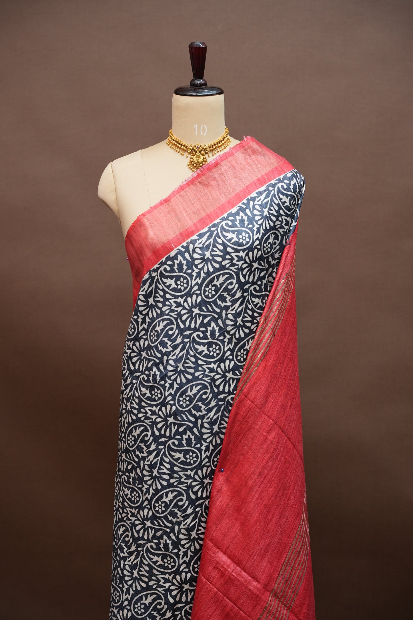Silk Mark Certified Pure Tussar Silk Saree – Midnight Blue with Paisley Floral Motifs and Ruby Red Pallu