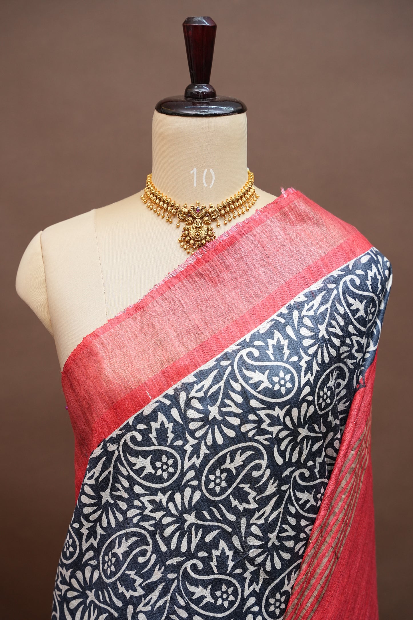 Silk Mark Certified Pure Tussar Silk Saree – Midnight Blue with Paisley Floral Motifs and Ruby Red Pallu