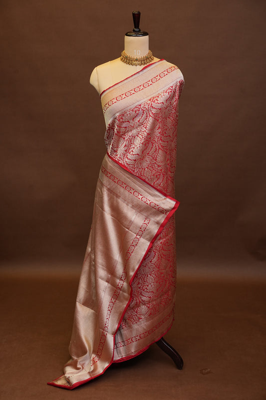 Pure Handloom Silk Katan Banaras Saree-Red|Silk Mark Certified