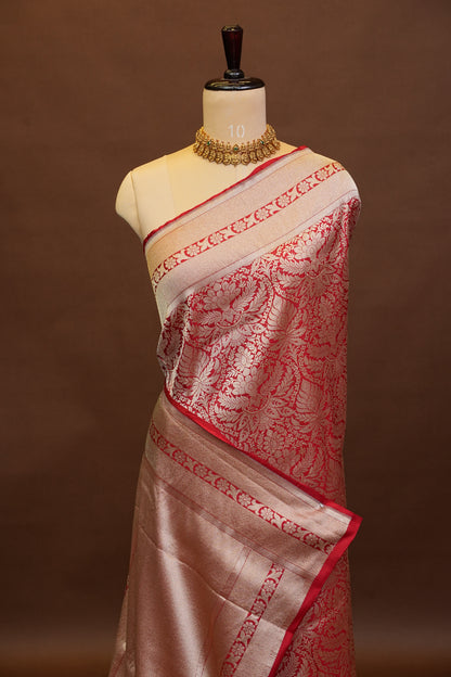 Pure Handloom Silk Katan Banaras Saree-Red|Silk Mark Certified