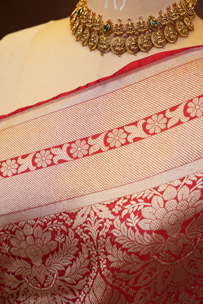 Pure Handloom Silk Katan Banaras Saree-Red|Silk Mark Certified