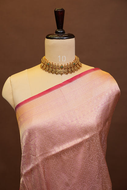 Pure Handloom Silk Katan Banaras Saree-Pinkish Peach|Silk Mark Certified
