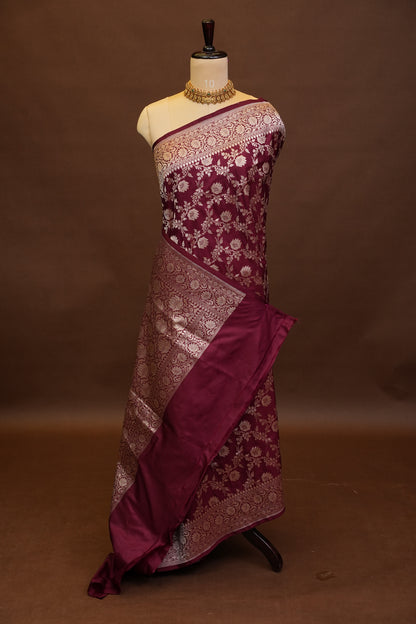 Pure Handloom Silk Katan Banaras Saree-Maroon|Silk Mark Certified