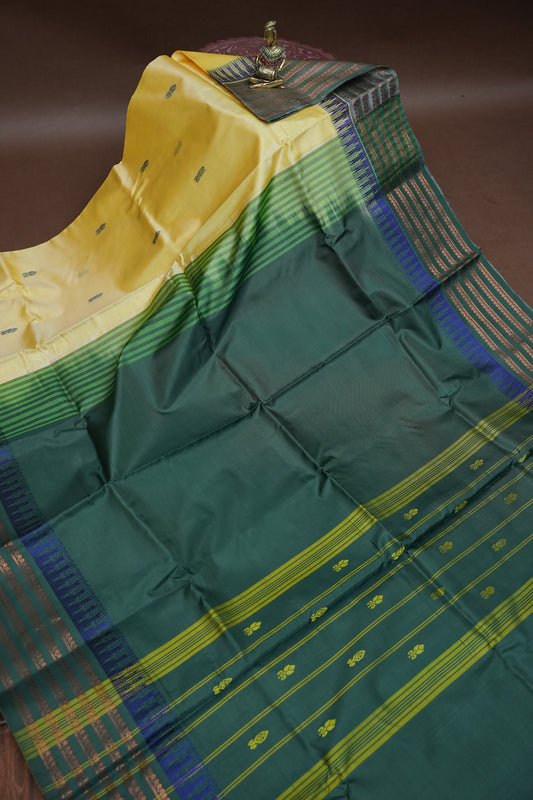 Vegan Saree – Lemon Yellow & Bottle Green with Woven Zari Stripes