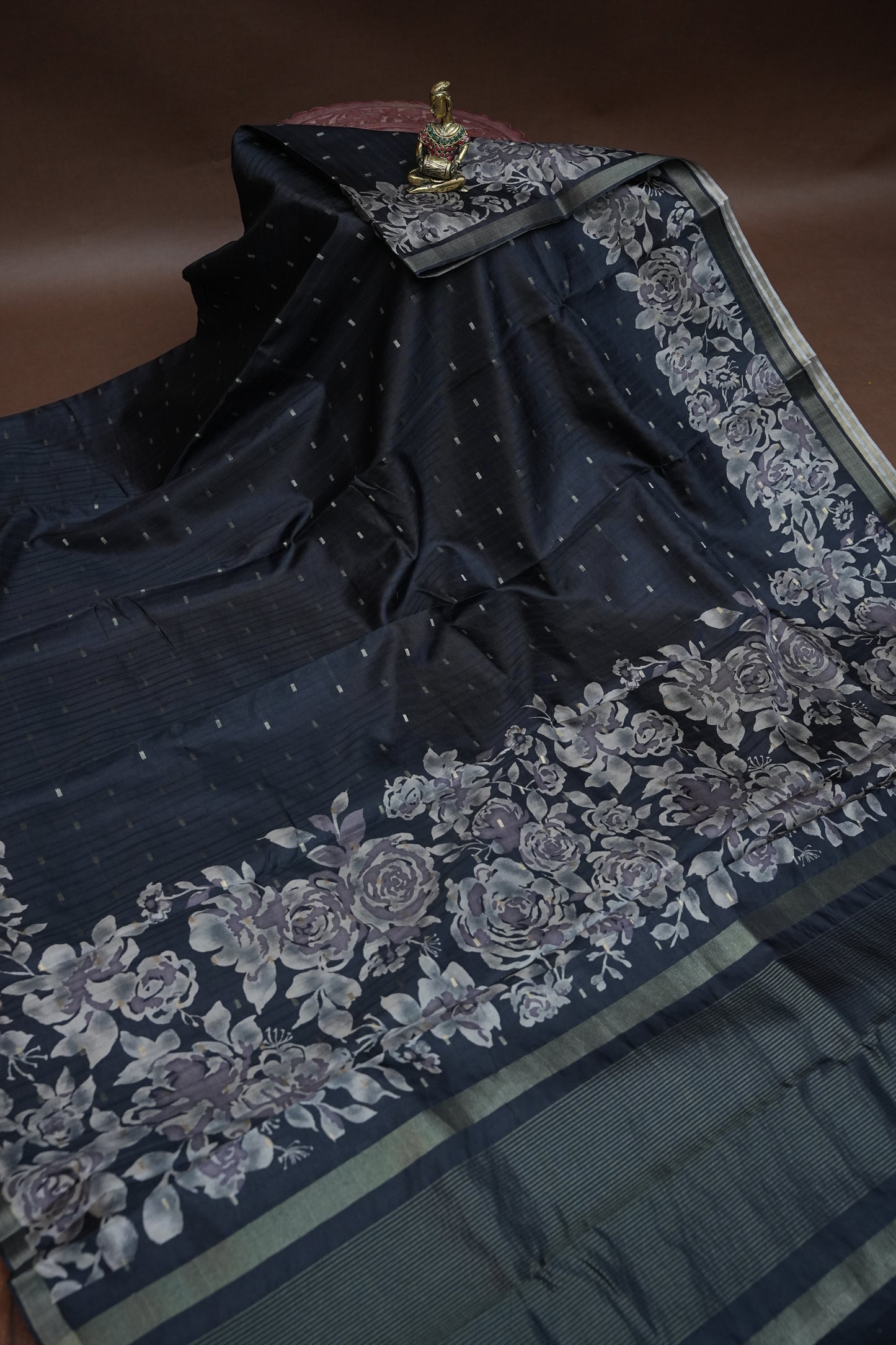 Semi Raw Silk Floral Print Saree – Grayish black
