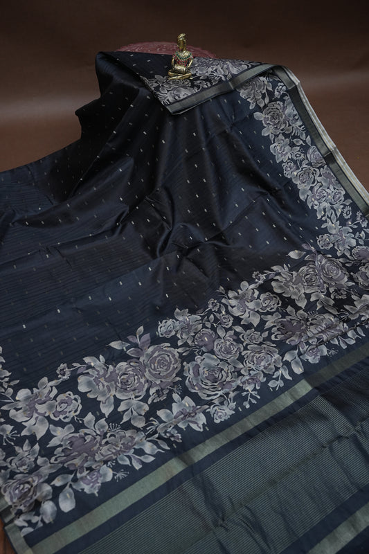 Semi Raw Silk Floral Print Saree – Grayish black
