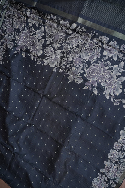 Semi Raw Silk Floral Print Saree – Grayish black