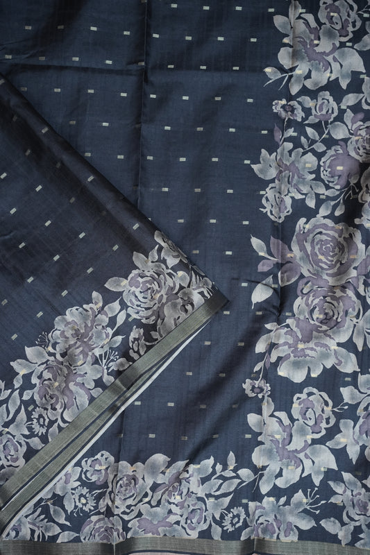Semi Raw Silk Floral Print Saree – Grayish black