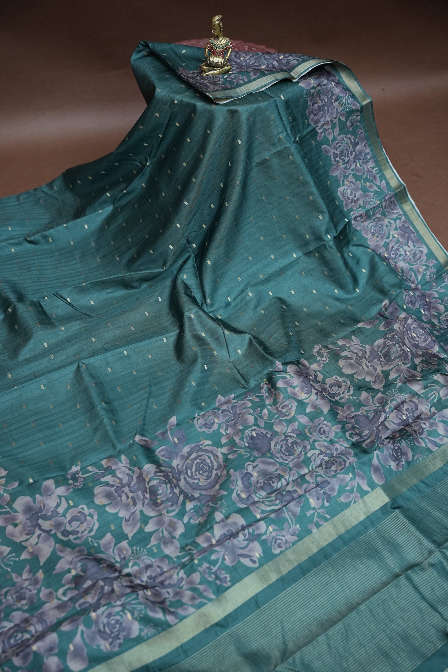 Semi Raw Silk Floral Print Saree – Rama Blue