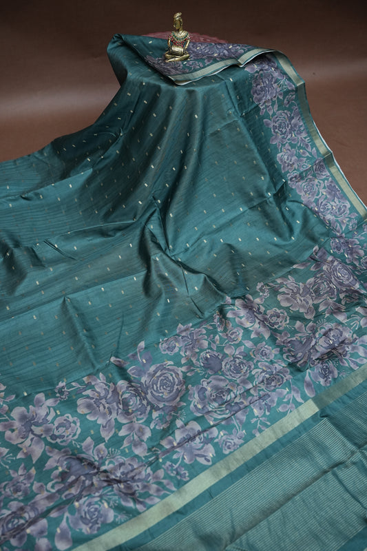 Semi Raw Silk Floral Print Saree – Rama Blue