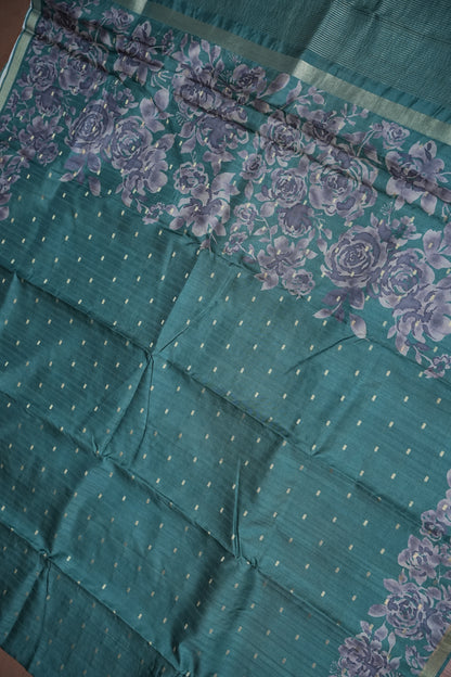 Semi Raw Silk Floral Print Saree – Rama Blue