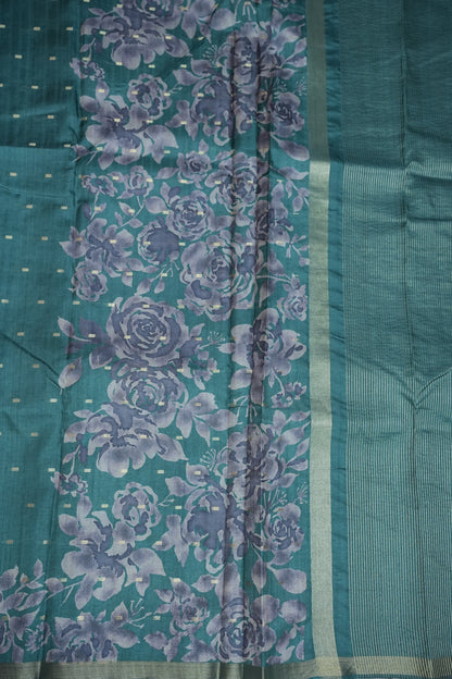 Semi Raw Silk Floral Print Saree – Rama Blue