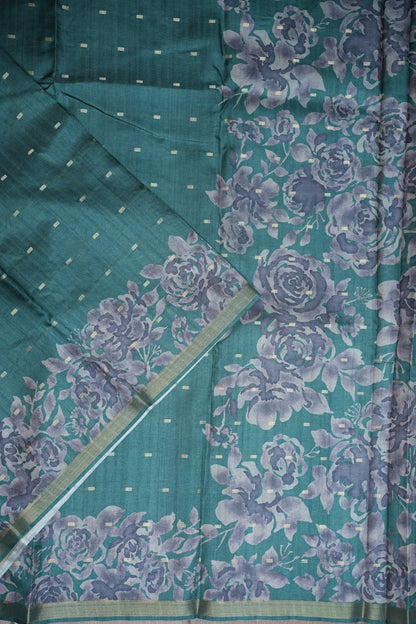 Semi Raw Silk Floral Print Saree – Rama Blue