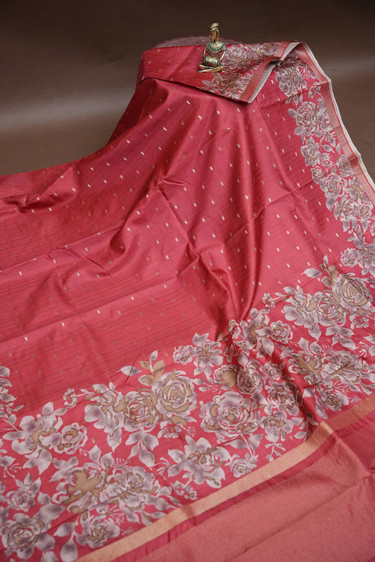 Semi Raw Silk Floral Print Saree – Vermillion Orange
