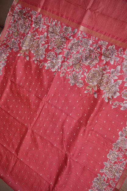 Semi Raw Silk Floral Print Saree – Vermillion Orange