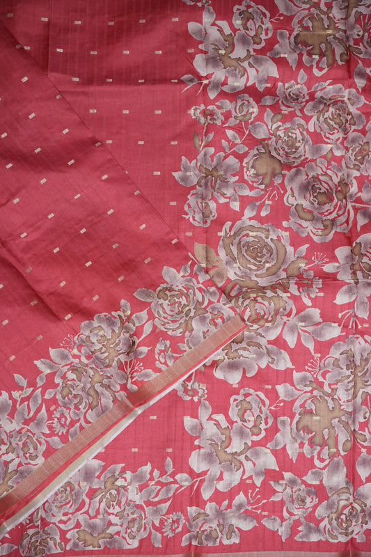 Semi Raw Silk Floral Print Saree – Vermillion Orange