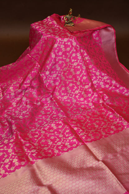 Pure Handloom Silk Katan Banaras Saree-Hot Pink|Silk Mark Certified