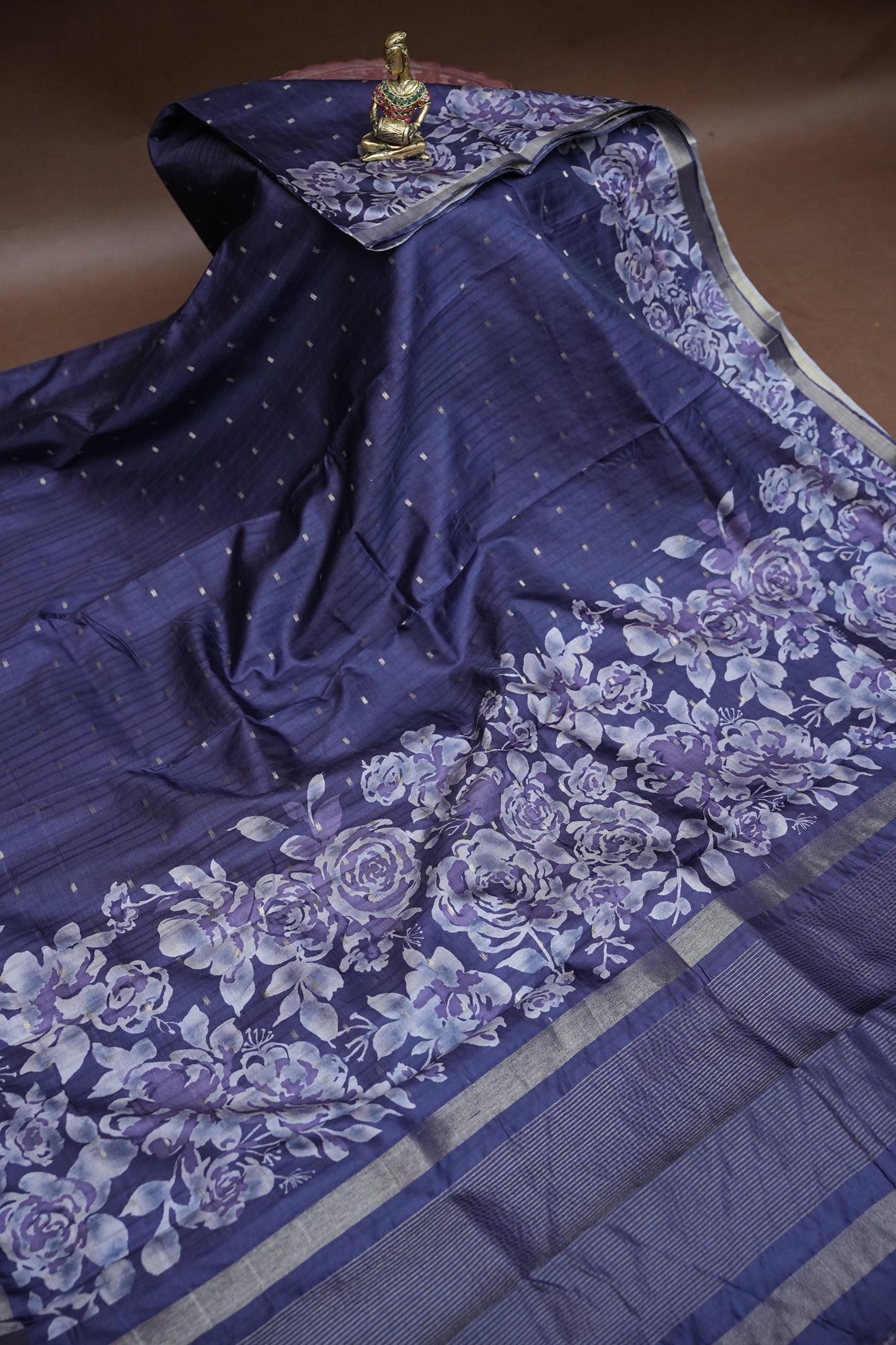 Semi Raw Silk Floral Print Saree – Midnight Blue