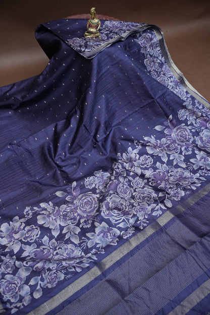 Semi Raw Silk Floral Print Saree – Midnight Blue
