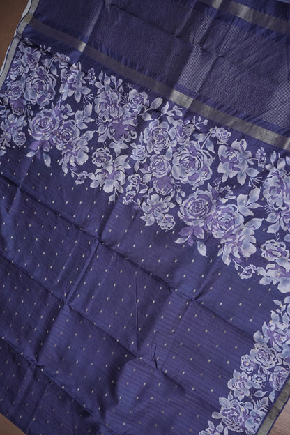 Semi Raw Silk Floral Print Saree – Midnight Blue