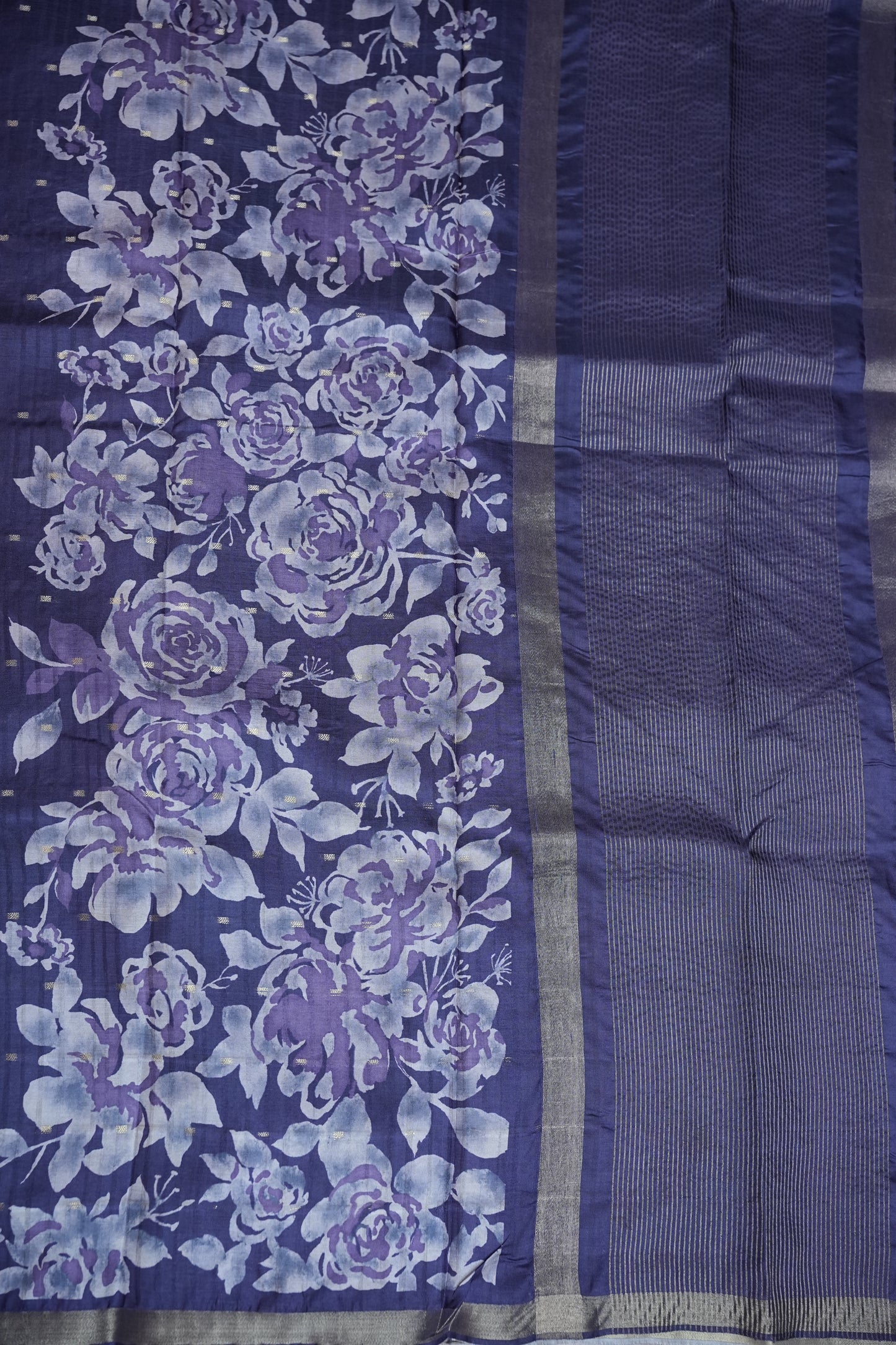 Semi Raw Silk Floral Print Saree – Midnight Blue