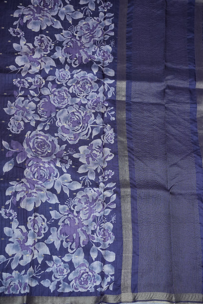 Semi Raw Silk Floral Print Saree – Midnight Blue