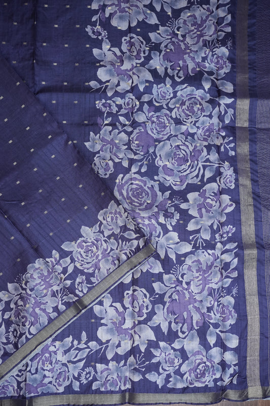 Semi Raw Silk Floral Print Saree – Midnight Blue