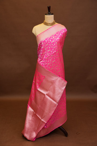 Pure Handloom Silk Katan Banaras Saree-Hot Pink|Silk Mark Certified