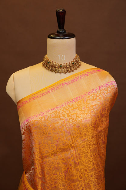 Pure Handloom Silk Katan Banaras Saree-Mustard Yellow|Silk Mark Certified